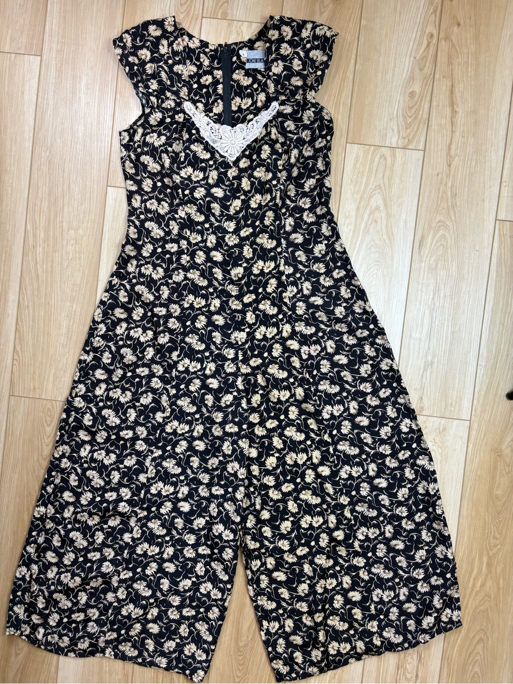 Vintage Cottagecore Maxi Skirt Look Black Floral Jumpsuit with Cream Lace Trim